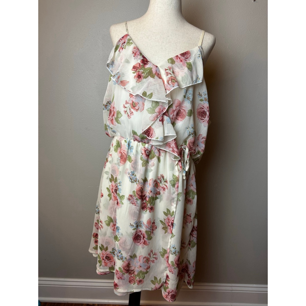 White Pink Floral Ruffle Mini Dress L spring Easter brunch boho